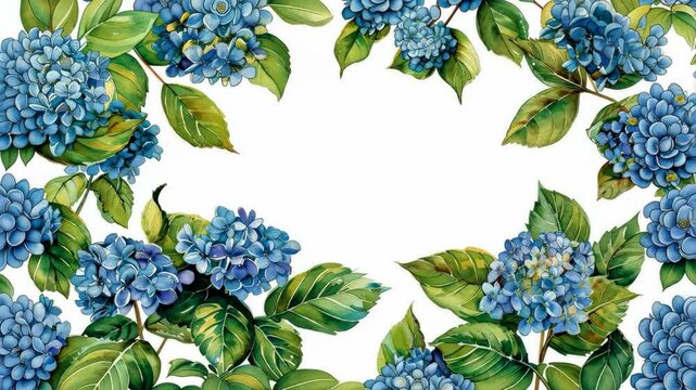 Blue Hydrangea Flowers with Green Leaves Frame on White Background Beautifully Floral