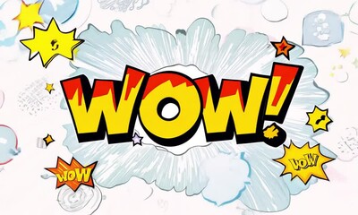 With vibrant colors and speed lines, 'WOW' bursts out in a retro pop-up cartoon style over a cheerful, doodle-themed setting - Powered by Adobe