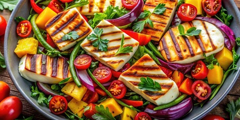 Fototapeta premium Panoramic Grilled Halloumi Salad - Close-Up Top View, Fresh Vegetables, Tasty Snack