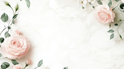 Elegant pink roses and greenery on marble background.