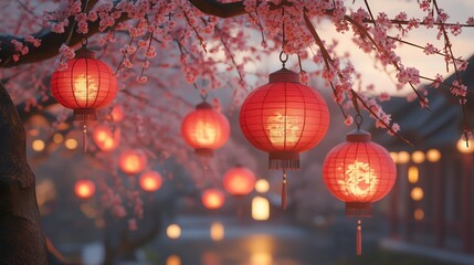 Chinese red lanterns swaying gently in the breeze, hanging from blossoming cherry trees in a serene garden