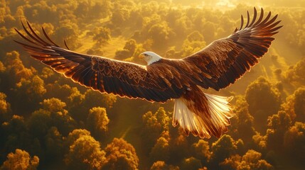 Majestic bald eagle in flight over autumn forest at sunset.