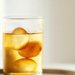 frosted glass bottle and a tumbler filled with chilled plum wine.