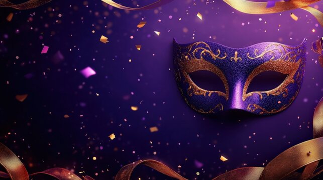 A vibrant purple mask surrounded by colorful confetti and ribbons, perfect for festive occasions and celebrations.