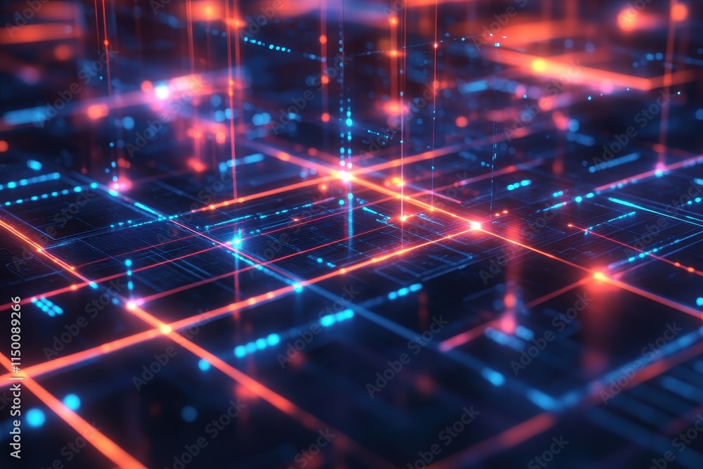 Poster abstract digital network grid with glowing lines and nodes.