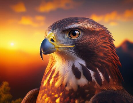 Generated image Portrait of beautiful hawk falcon bird looking at camera, surreal sunset nature background
