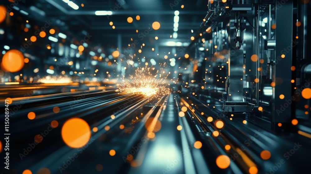 Poster sparks and lights in an automated factory assembly line setting