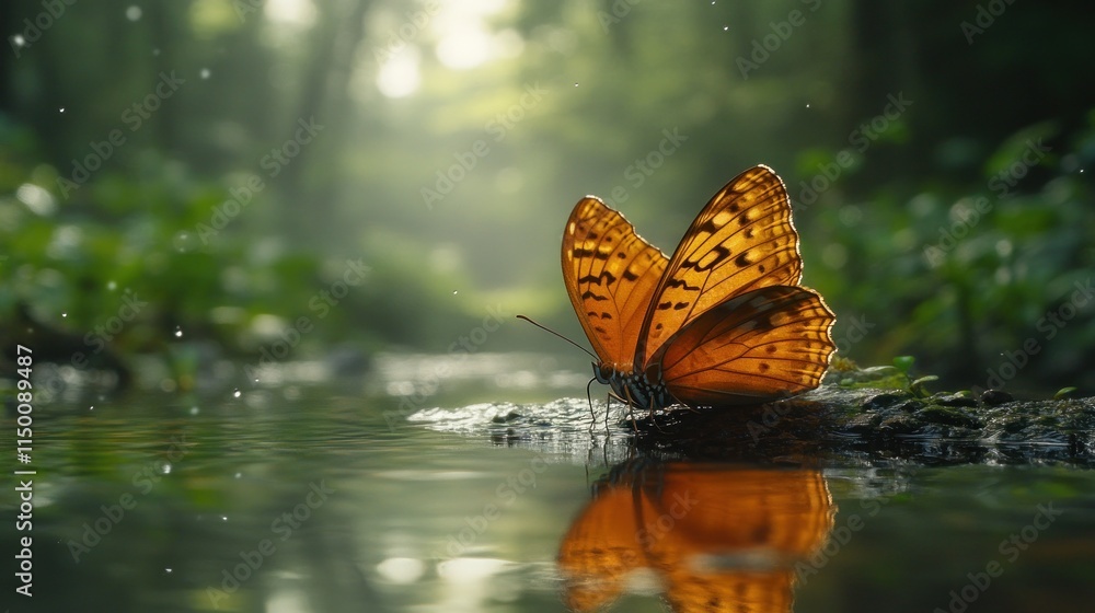 Poster orange butterfly resting on a rock by a stream in a lush forest, sunlight filtering through the tree