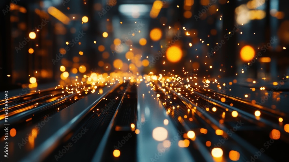 Poster sparks and lights over assembly line in automated factory environment