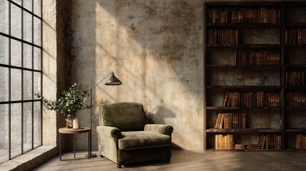 Create a cozy reading corner in a spacious industrial interior design with stylish decor and natural light