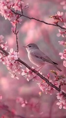 Soft Pink Bird Perched on Blooming Cherry Blossom Branch in Spring