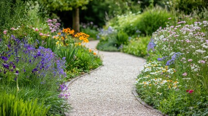 Obraz premium Serene Garden Pathway Surrounded by Vibrant Wildflowers in Open Space