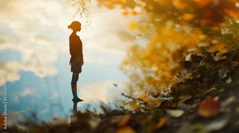 Poster serene reflection of a person in a calm nature scene with blurred background