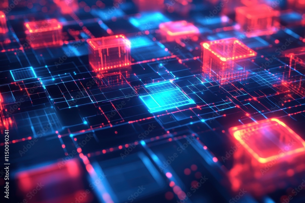 Poster abstract digital network with glowing cubes and lines. (1)