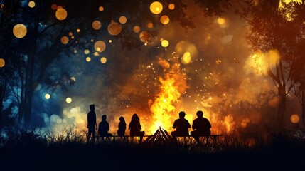 Fototapeta premium Silhouetted Storytellers Gather Around a Campfire in a Mystical Forest