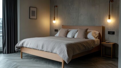 A contemporary bedroom with a wooden bed in a muted grey and white color scheme