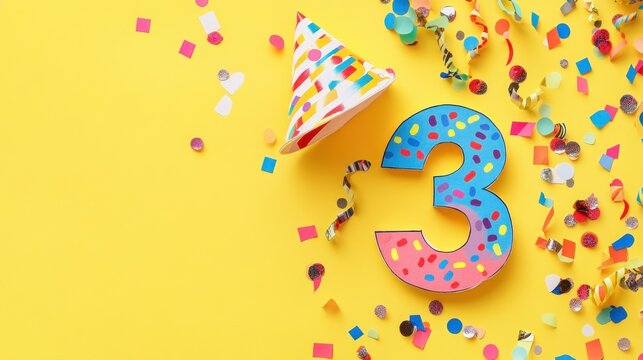 Festive third birthday background with number three, party hat, and confetti on yellow.