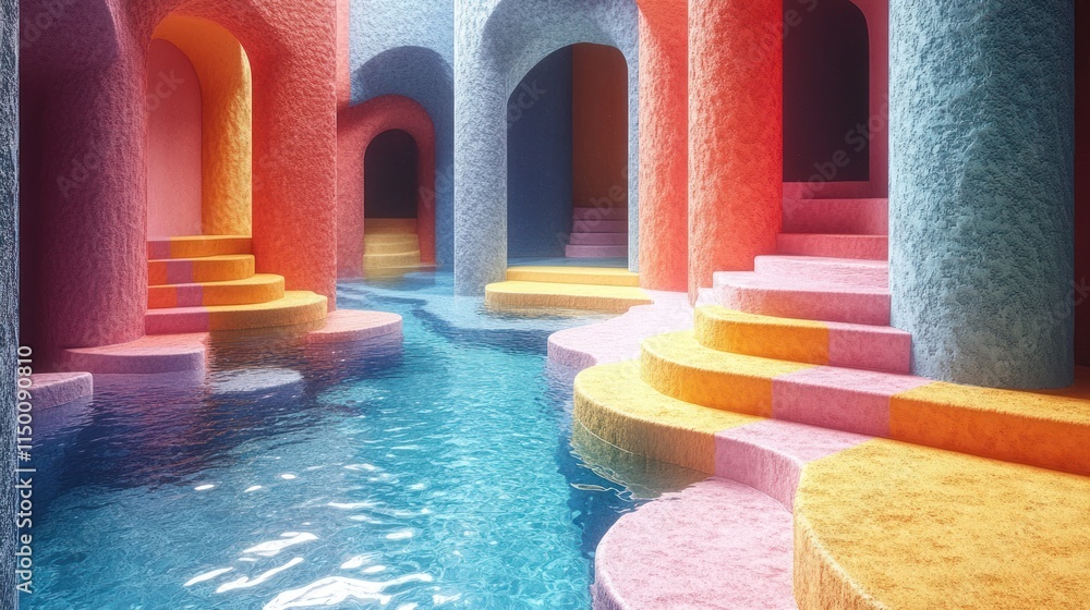 Poster abstract colorful architecture with water and stairs.