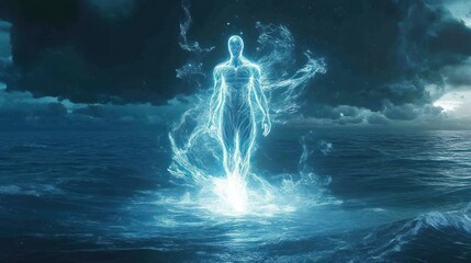 A glowing humanoid formed of swirling water energy, creating waves around it, standing in the middle of a vast ocean 