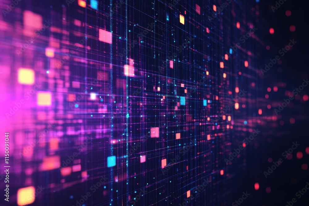 Poster abstract digital data flow with glowing squares and lines.