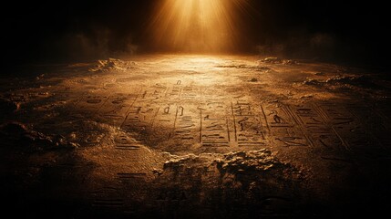 Ancient hieroglyphs etched into a golden desert surface, illuminated by a spotlight from above.