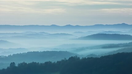 Serene Misty Landscape with Rolling Hills in Soft Pastel Shades