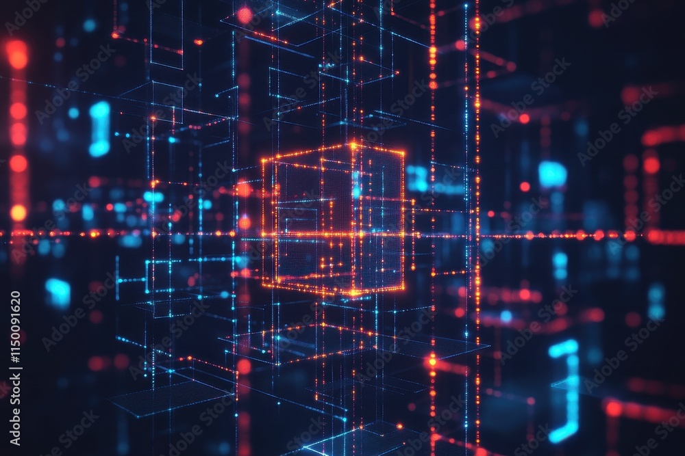Poster abstract digital cube in glowing network.