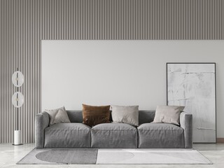 Mockup of a trendy living room with a comfortable sleeper sofa and a cool decorative background, 3D rendering.