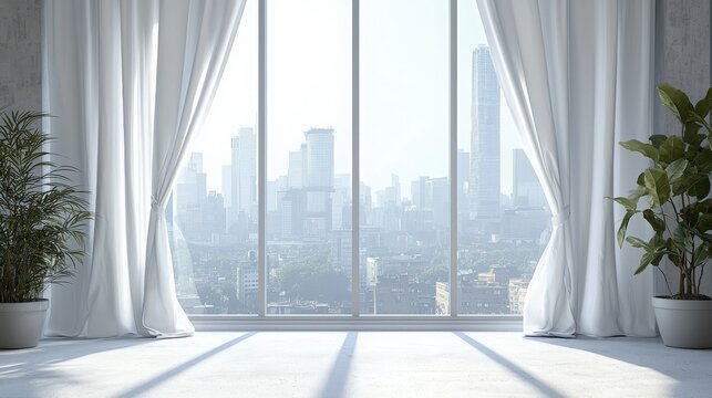 Fototapeta Modern interior with large window overlooking city skyline in bright daylight
