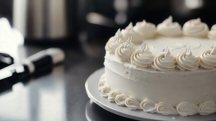 cake plate with a practice piping tool and knife, arranged on a clean surface,