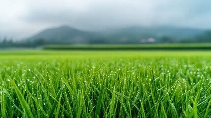Obraz premium Lush Green Rice Field with Dew Drops in a Misty Landscape, Capturing Nature's Beauty and Tranquility Amidst Rolling Hills and Soft Clouds