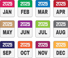 Happy New Year 2025, All Months Design Set Vector Illustrations. January, February, March, April, May, June, July, August, September, October, November, December