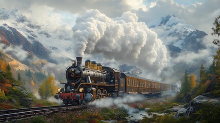 Obraz premium Majestic steam train journey through autumnal mountain scenery.