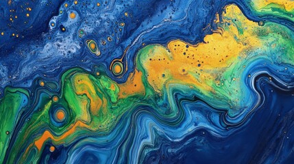 Abstract Fluid Acrylic Painting Blue Green Gold Swirls