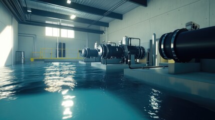 Industrial Water Treatment Facility with Machinery and Reflections