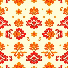 Obraz premium Orange Floral Damask Seamless Pattern: A vibrant and intricate design with a rich history, this seamless pattern features delicate orange and red floral motifs on a soft cream background.
