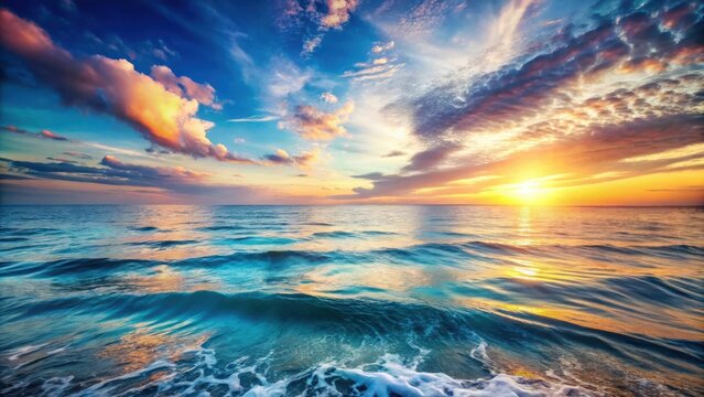 A golden sunset casts its warm glow upon the vast, tranquil ocean, with gentle waves rolling in and a vibrant sky filled with fluffy clouds.