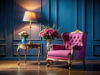 Tilt-Shift Photography: Elegant Pink Armchair, Gold Accents, Blue Wall, Vintage Lamps