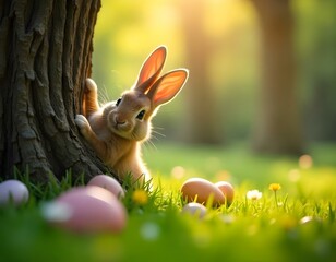 Egg Hunt Scene: The Easter Bunny hiding eggs in a garden, peeking mischievously from behind a tree, while the grass is dotted with flowers and hidden eggs.