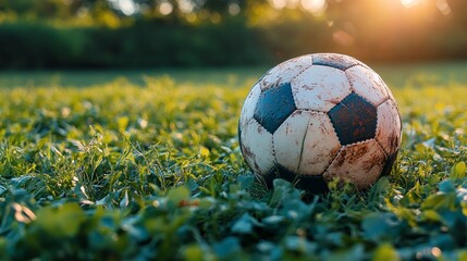 Sunset soccer ball resting on green grass in a peaceful outdoor setting