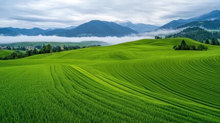 Fototapeta premium Lush Green Rice Fields with Rolling Hills Under a Cloudy Sky and Majestic Mountains in the Background, Capturing Tranquility and Natural Beauty of Agriculture