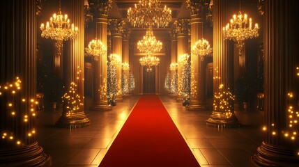 Fototapeta premium A luxurious mansion decorated with crystal chandeliers golden accents and an elegant red carpet for a Hollywood-themed party.