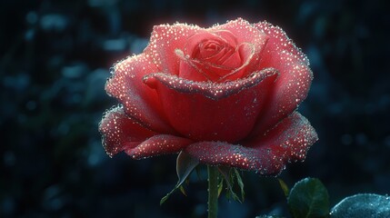 Dew-kissed red rose in bloom, close-up.