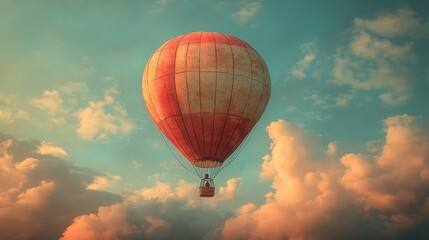 Fototapeta premium Red and white hot air balloon floats above clouds.