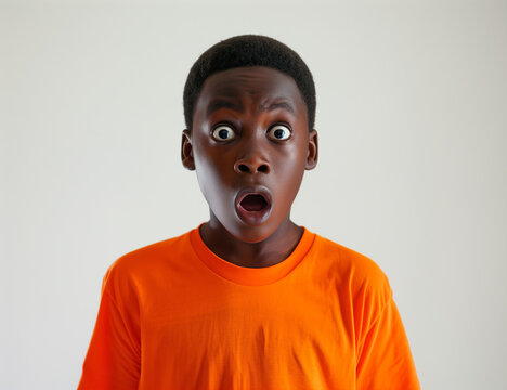 Shocked Child Boy with Open Mouth wearing bright orange empty t-shirt isolated on white background. Shock concept.