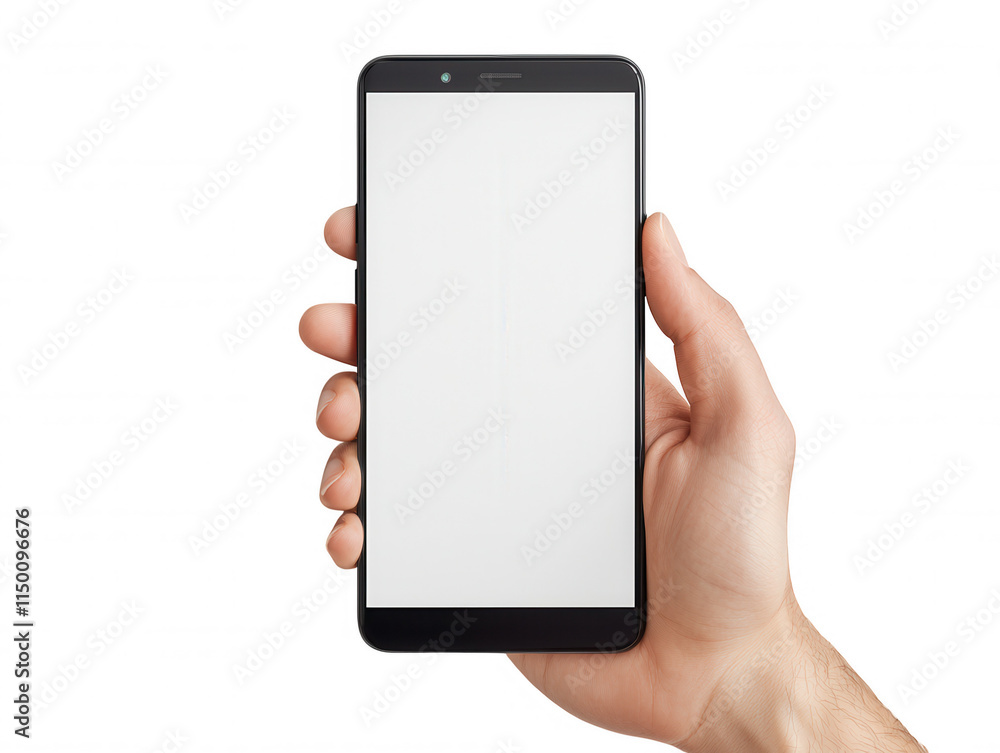 Poster hand holding a mobile phone with blank screen ready for customization and messaging, ideal for vario
