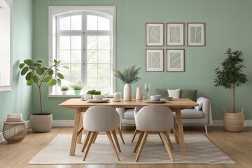 A serene Scandinavian living room with a light wood coffee table, minimalist chairs, and a soft sofa. Soft natural light floods the space through a large window, with abstract wall art and plants