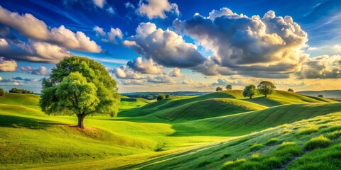 Naklejka premium Serene Rolling Hills Landscape: Close-Up Peaceful Nature Scene