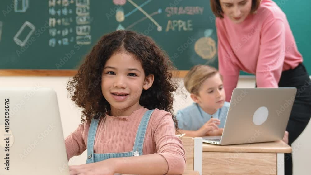 Poster attractive girl coding prompt while looking at camera at stem class while happy teacher checking sma