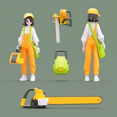 Cartoon Female Worker with Chainsaw and Equipment in Colorful Outfit